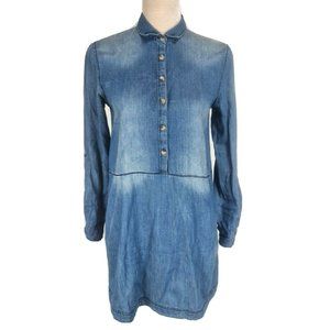 alga Blue Denim Button Up Mini Dress Long Sleeve Side Pockets Women Size S 154P